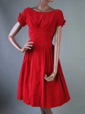 50s Women's Party Dress Vintage Ruched Red Velvet Full Skirt Extra Small VFG