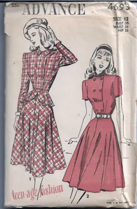 Advance 4693 Teen Two Piece Dress Vintage Sewing Pattern 1940s Unprinted