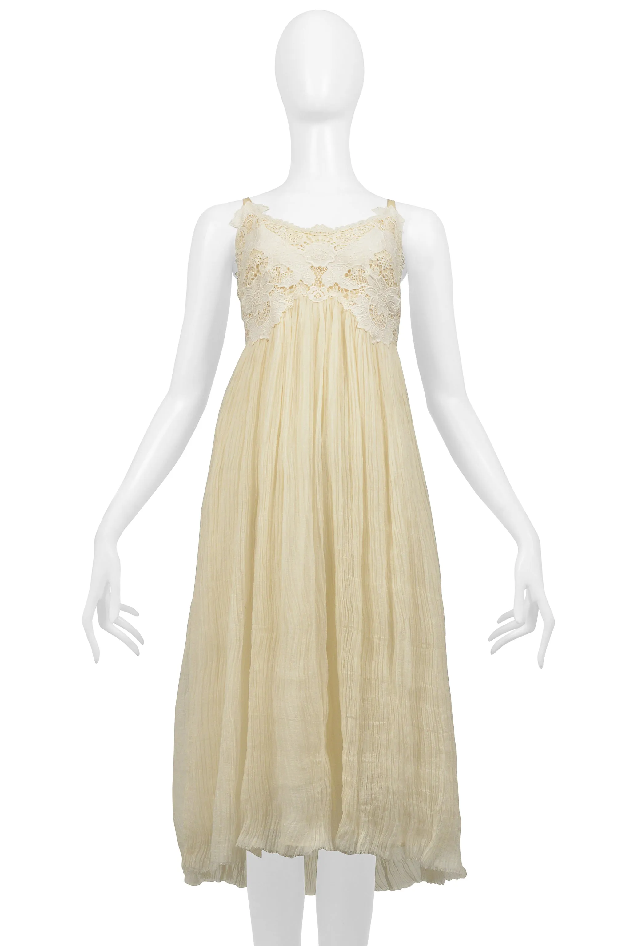 ALEXANDER MCQUEEN OFF WHITE CRINKLE DRESS W LACE BODICE 2005