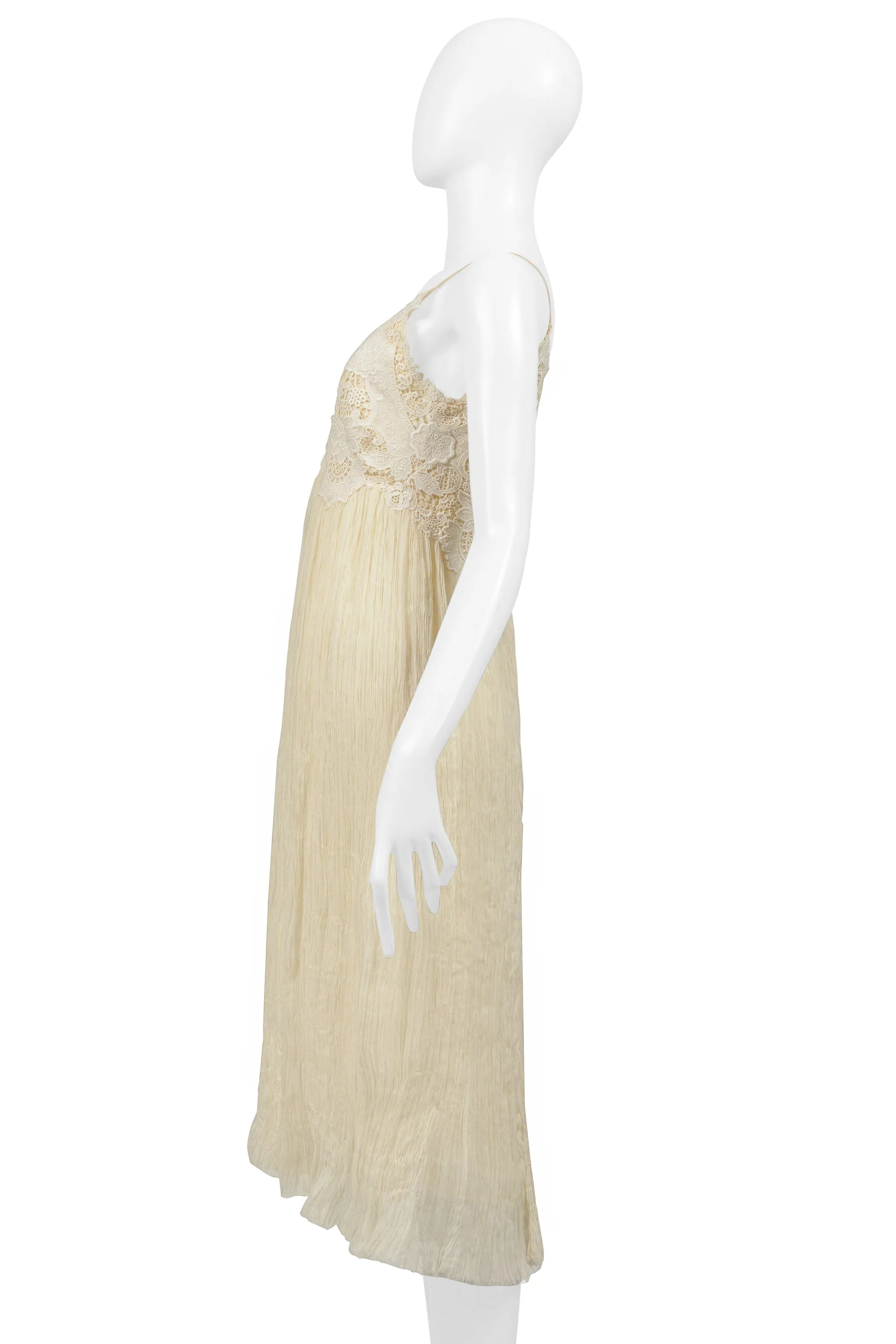 ALEXANDER MCQUEEN OFF WHITE CRINKLE DRESS W LACE BODICE 2005