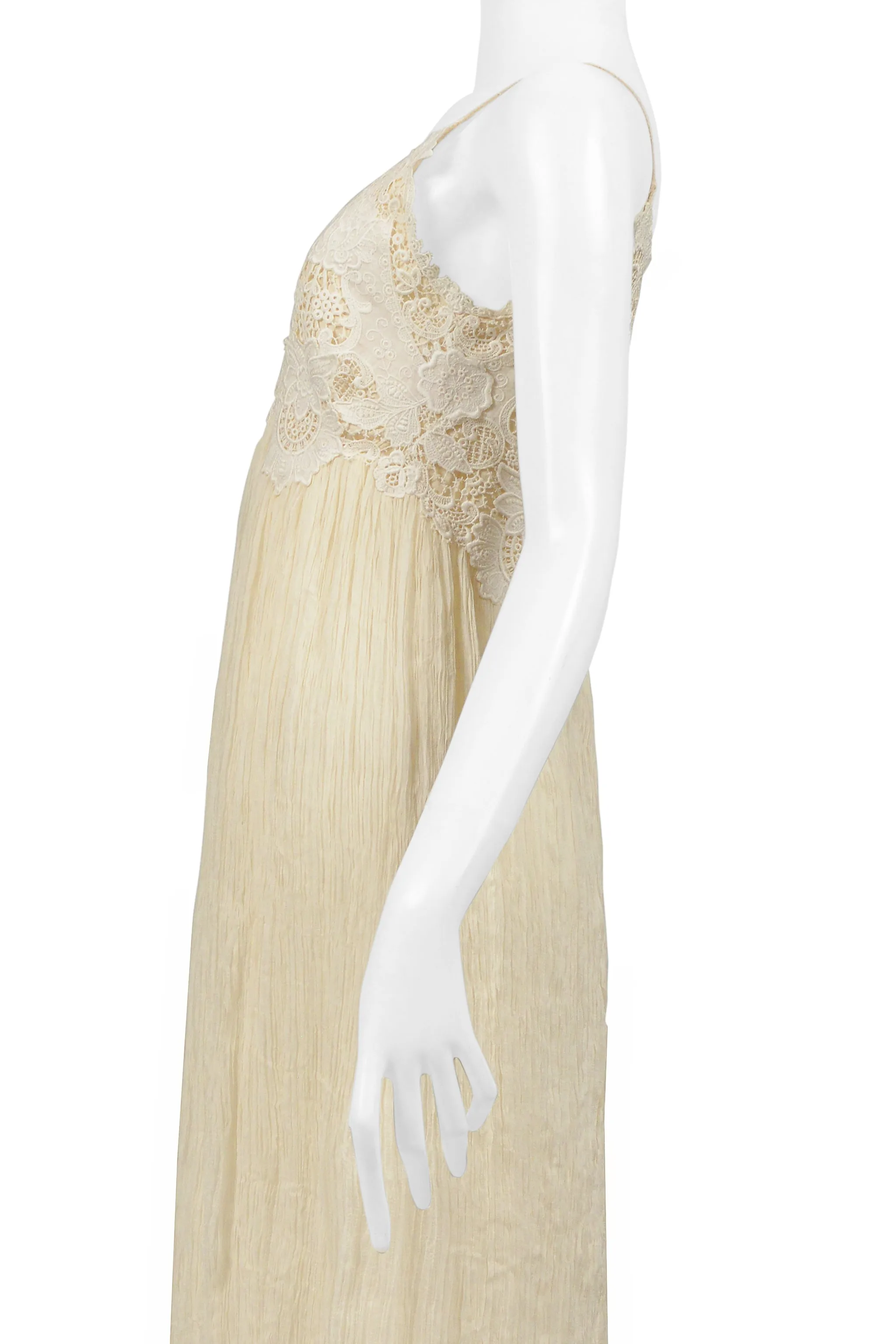 ALEXANDER MCQUEEN OFF WHITE CRINKLE DRESS W LACE BODICE 2005