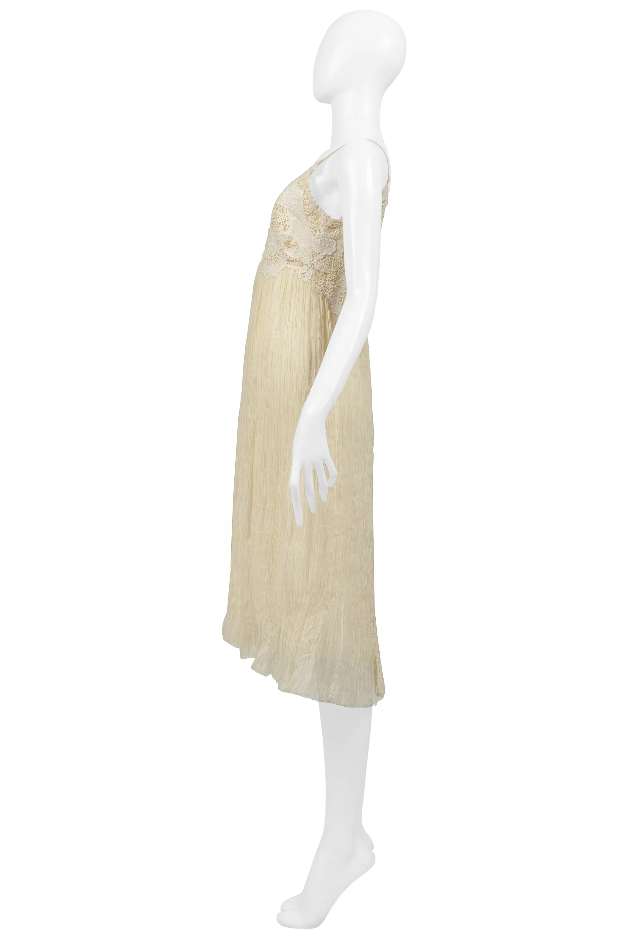 ALEXANDER MCQUEEN OFF WHITE CRINKLE DRESS W LACE BODICE 2005