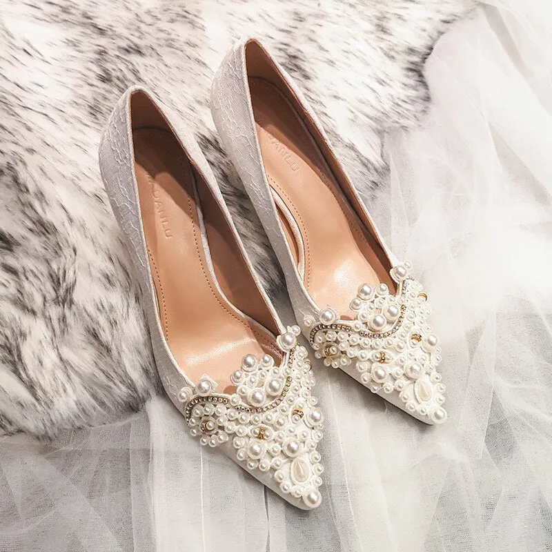 Amozae  2022 White  High Heel Pointed Stiletto Rhinestone Satin Lace Women's Shoes Dress Banquet Shoes Bridesmaid Wedding Shoes