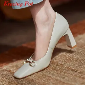 Amozae-Back to College Krazing pot brand full grain leather slip on square toe high heels basic clothing sweety metal fasteners women shallow pumps L23