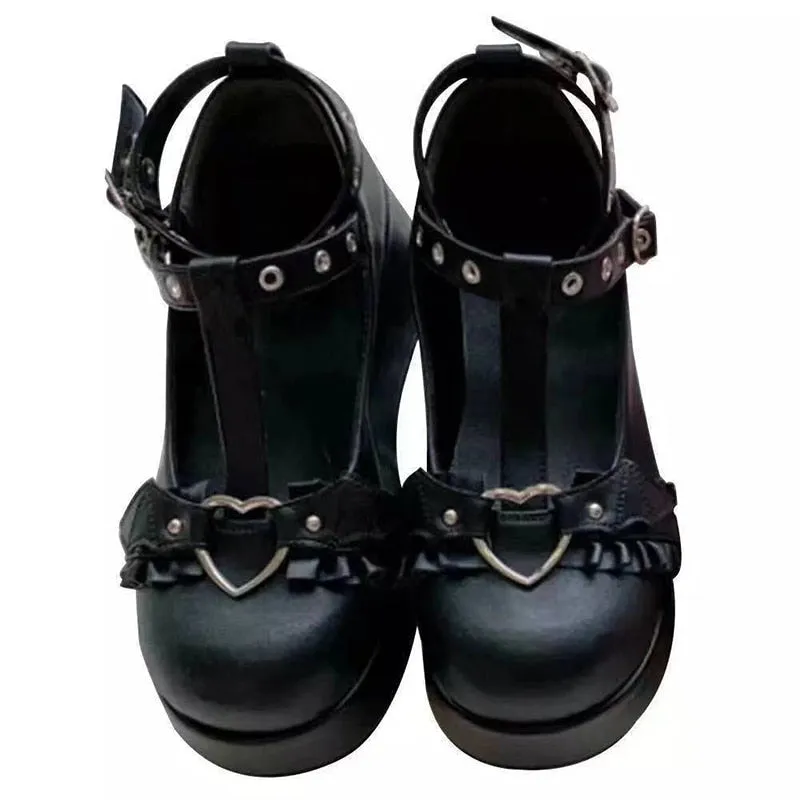 Amozae-Back to college New Sweet Heart Buckle Wedges Mary Janes Women Pink T-Strap Chunky Platform Lolita Shoes Woman Punk Gothic Cosplay Shoes 43