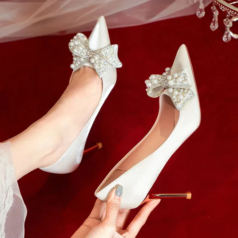 AMOZAE- -  Luxury Pearl Bowknot Wedding Bridal Shoes for Women