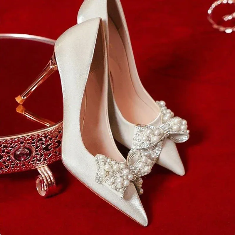 AMOZAE- -  Luxury Pearl Bowknot Wedding Bridal Shoes for Women