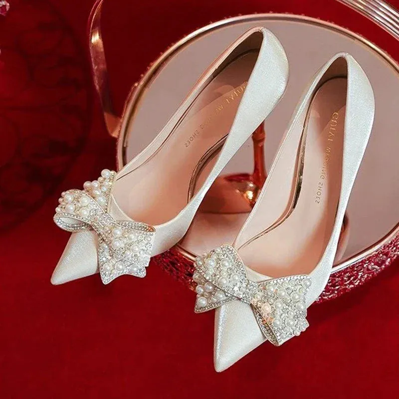 AMOZAE- -  Luxury Pearl Bowknot Wedding Bridal Shoes for Women