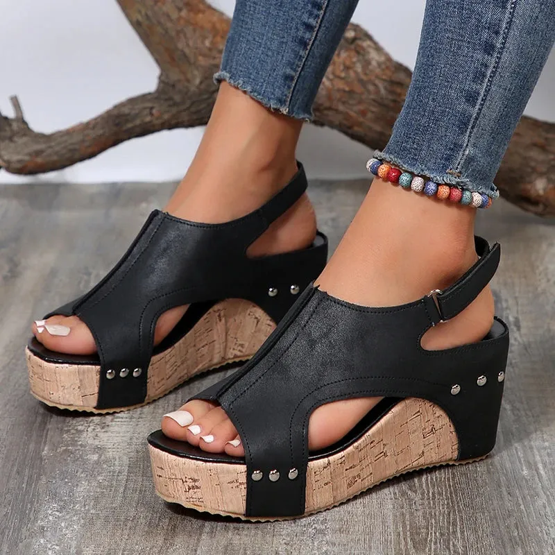 Amozae-Retro Thick Bottom Wedge Sandals Women 2024 Summer Ankle Strap Chunky Platform Sandals Woman Plus Size 43 Hollow Out Beach Shoes