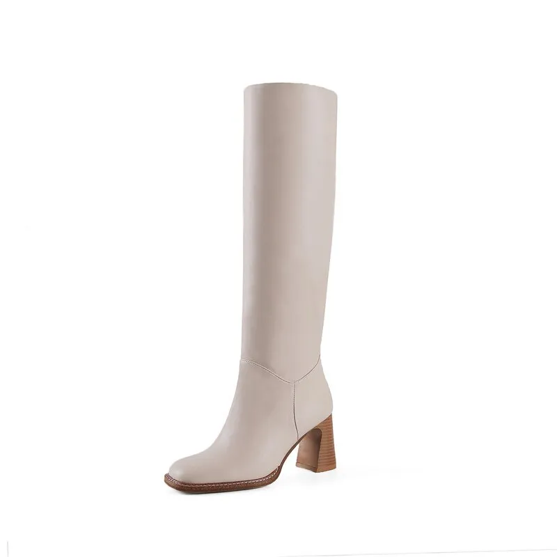 Amozae Winter New  Leather Knee-Length Boots Square Toe High Heel Women's Boots Square Heel Western Boots Women's Shoes