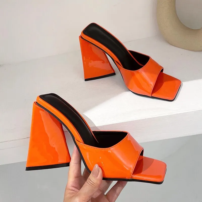 Amozae-  Women Design 11cm High Heels Slides Mules Summer Silk Thick Block Heels Sandals Slingback Orange Slipper Party Chunky Shoes