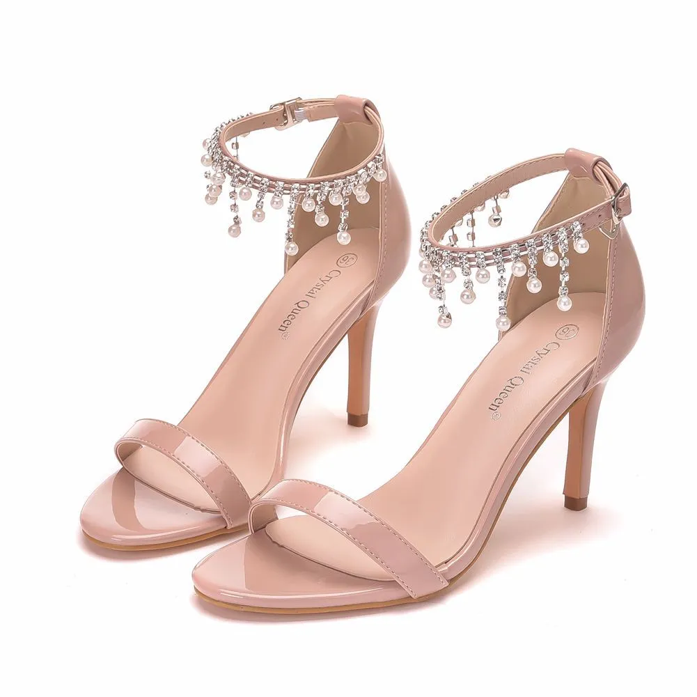 Amozae-  Women Elegant Party Sandals Ankle Strap Beading Open Toe Thin High Heels For Wedding Graduation Shoes Summer Sweet Girl H0003