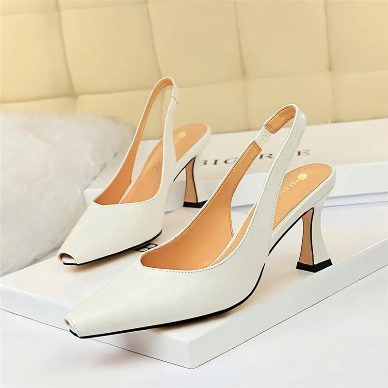 Amozae-Women Summer 8cm High Heels Sandles Square Toe Slingback Shoes Green Yellow Leather Korean High Heels Designer Prom Sandals