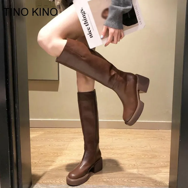 Amozae-Women's Fashion Thigh High Long Boots Solid Square Heels Ladies Shoes Autumn Winter Soft Leather Zip Female Knee High Boots 2024