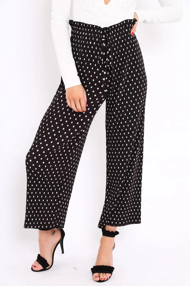 Black Polka Dot Paper Bag Waist Wide Legged Pleated Trousers - Louise