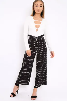 Black Polka Dot Paper Bag Waist Wide Legged Pleated Trousers - Louise