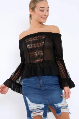 Black Sheer Bardot Blouse - Rosey