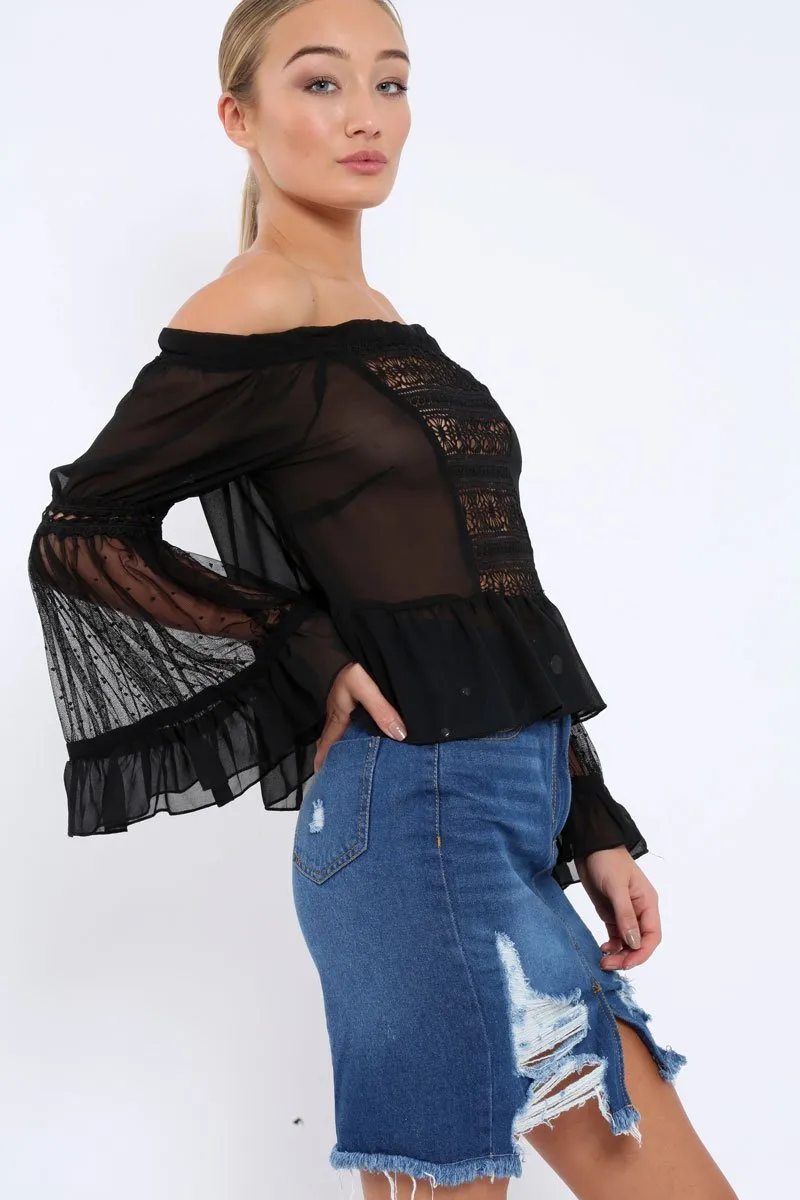 Black Sheer Bardot Blouse - Rosey