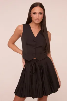 Black Sleeveless Waistcoat & Pleated Mini Skirt Co-ord Set - Monica