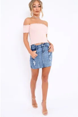 Blue Denim Pearl Distressed Mini Skirt - Nicol