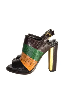 Dries Van Noten Brown Green Black Gold Striped Colorblock Snakeskin Open Toe Heels