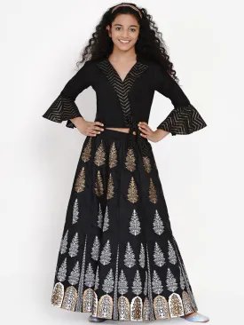 Girls Black & Gold-Toned Block Printed Ready To Wear Lehenga & Choli Set