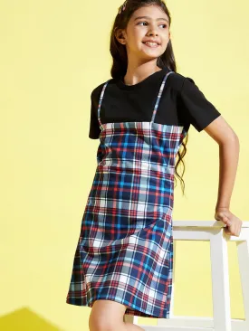 Girls Blue & Red Check Print A-Line Dress