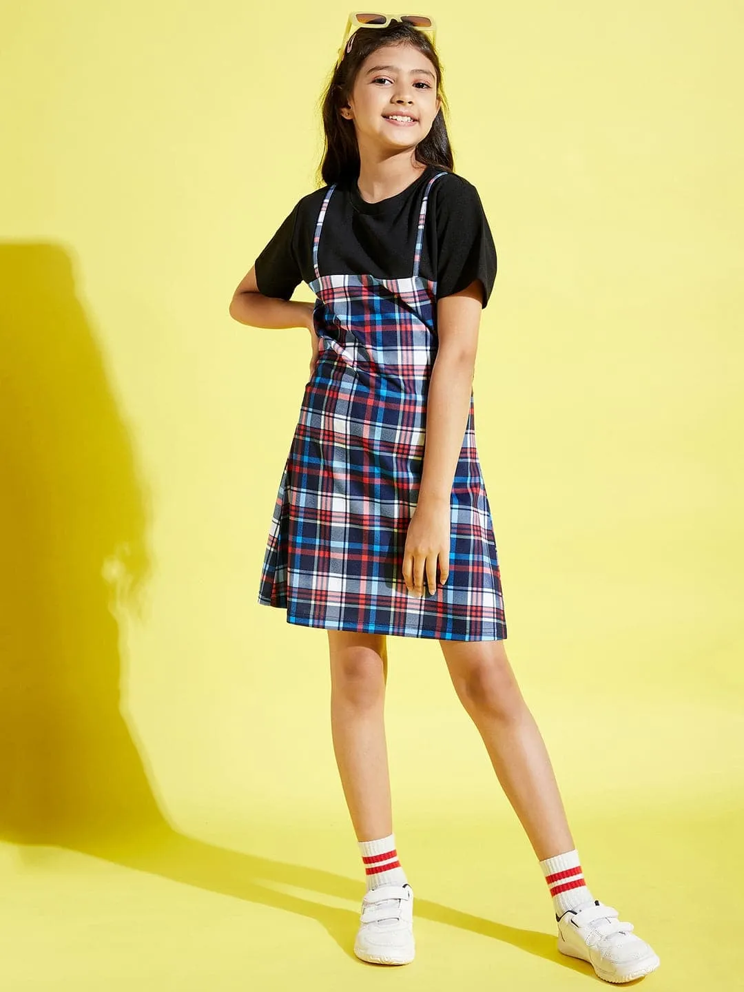 Girls Blue & Red Check Print A-Line Dress