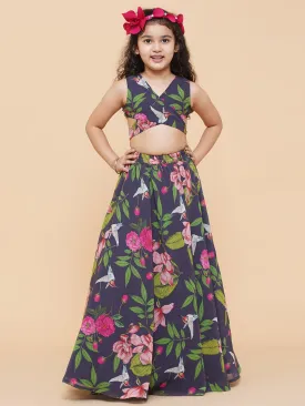 Girls Blue Flower Digital Print Ready To Wear Lehenga Choli