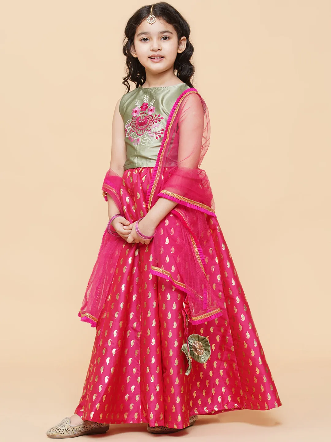 Girls Green & Pink Embroidered Foil Print Ready to Wear Lehenga Choli