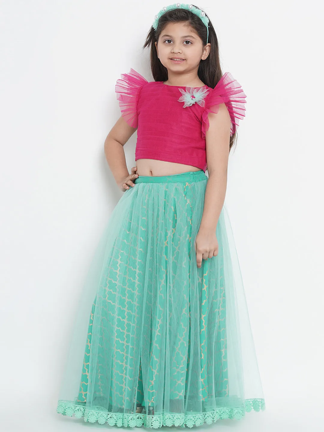 Girls Sea Green & Fuchsia Solid Ready To Wear Lehenga & Blouse With Dupatta