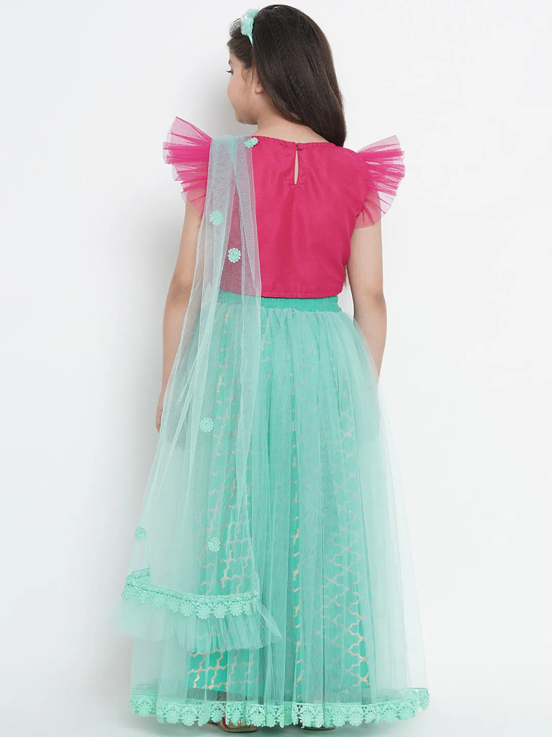 Girls Sea Green & Fuchsia Solid Ready To Wear Lehenga & Blouse With Dupatta