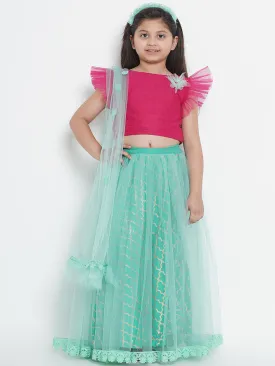 Girls Sea Green & Fuchsia Solid Ready To Wear Lehenga & Blouse With Dupatta