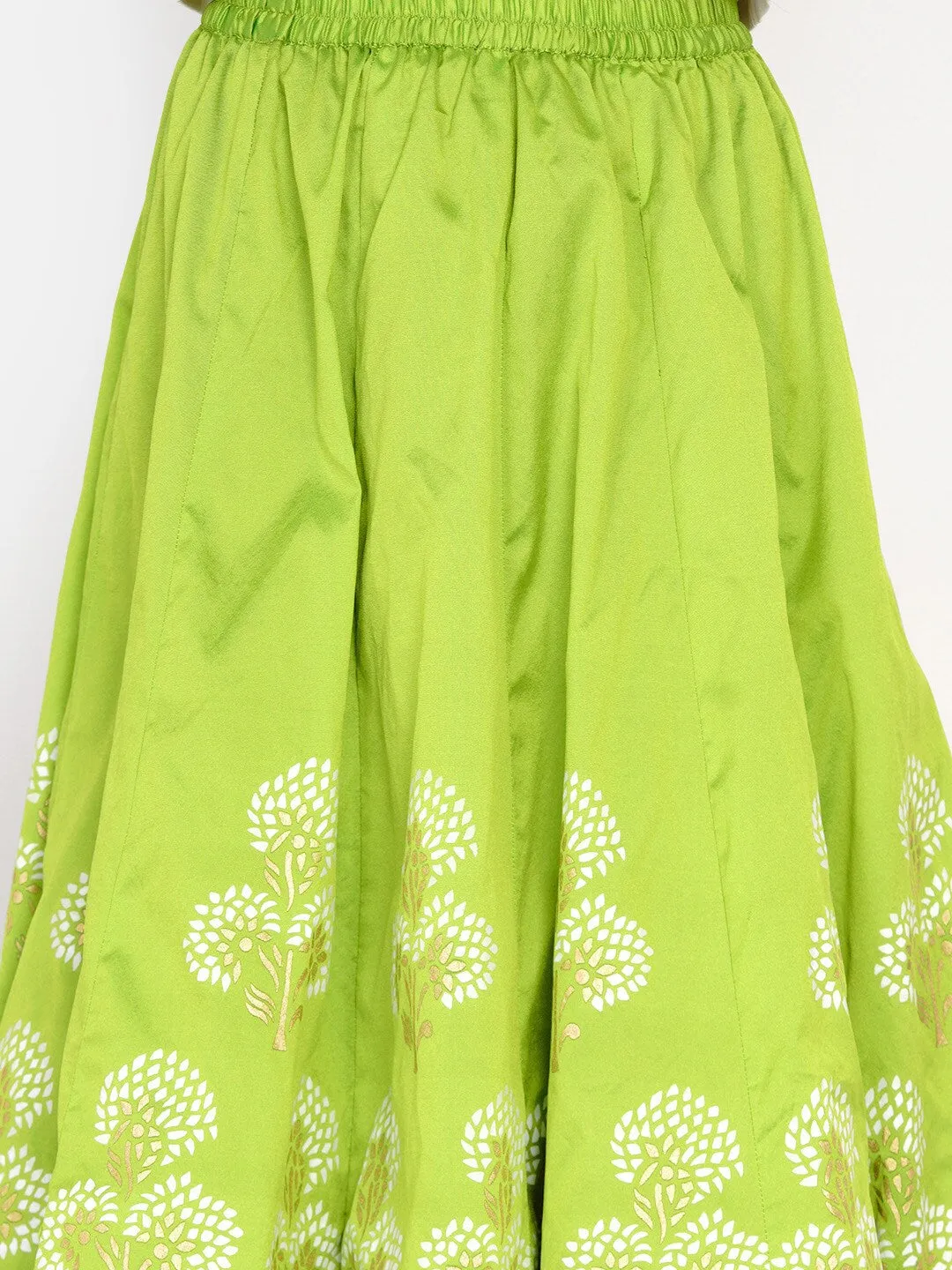 Girls White & Green Block Print Ready To Wear Lehenga & Blouse