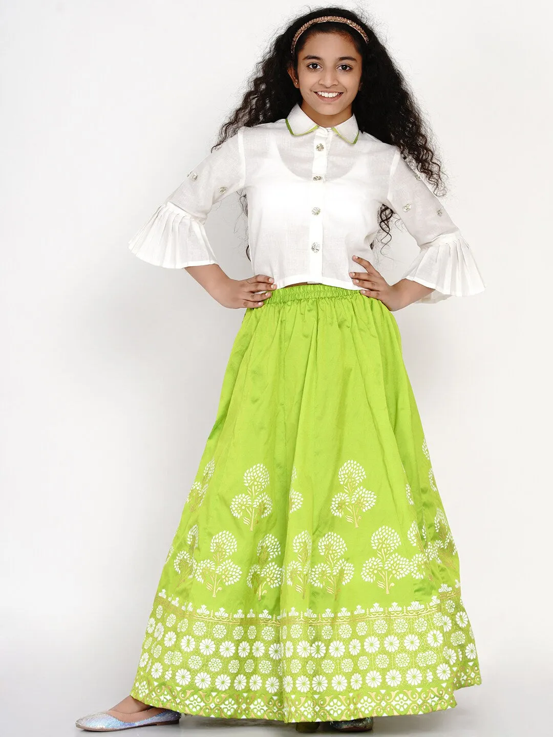 Girls White & Green Block Print Ready To Wear Lehenga & Blouse