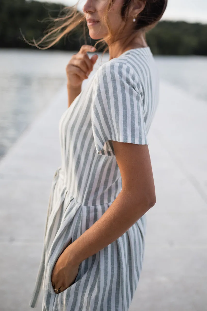 June Dress in Green and White Stripe Linen - S