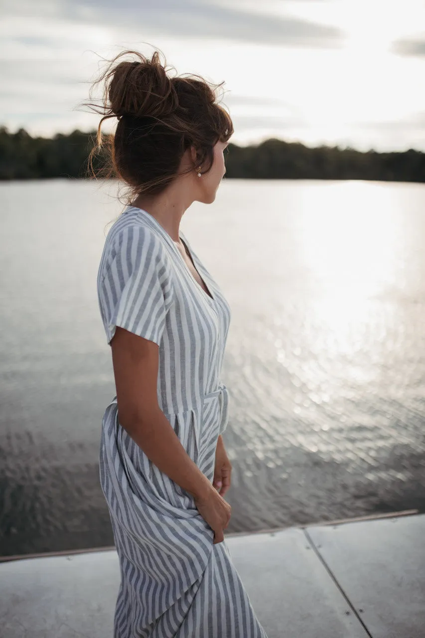 June Dress in Green and White Stripe Linen - S