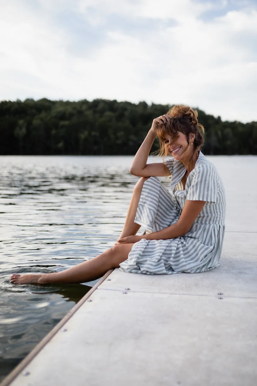 June Dress in Green and White Stripe Linen - S