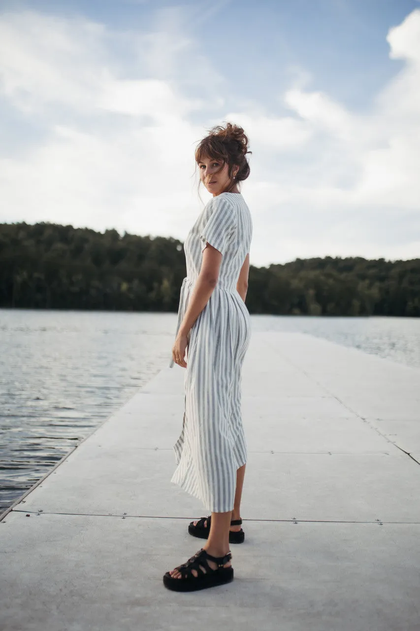 June Dress in Green and White Stripe Linen - S