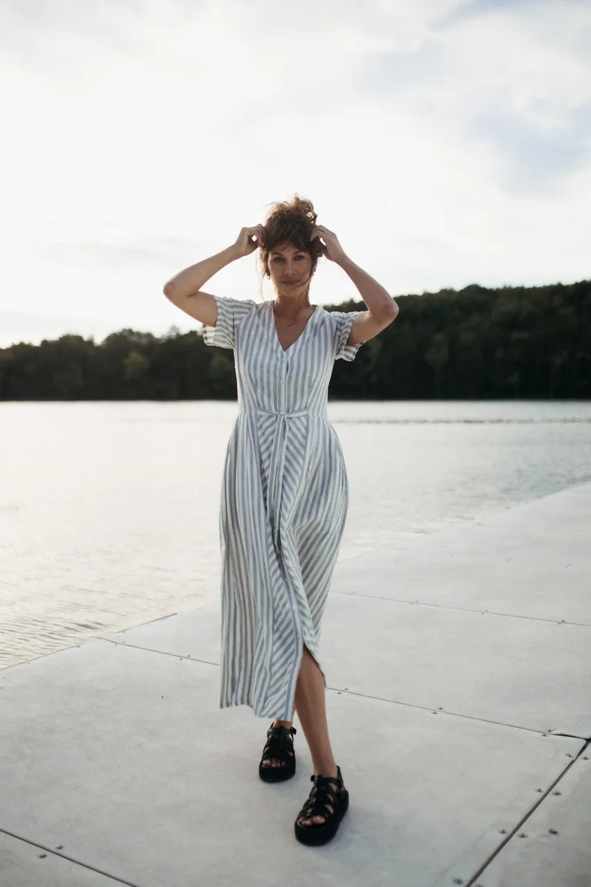 June Dress in Green and White Stripe Linen - S