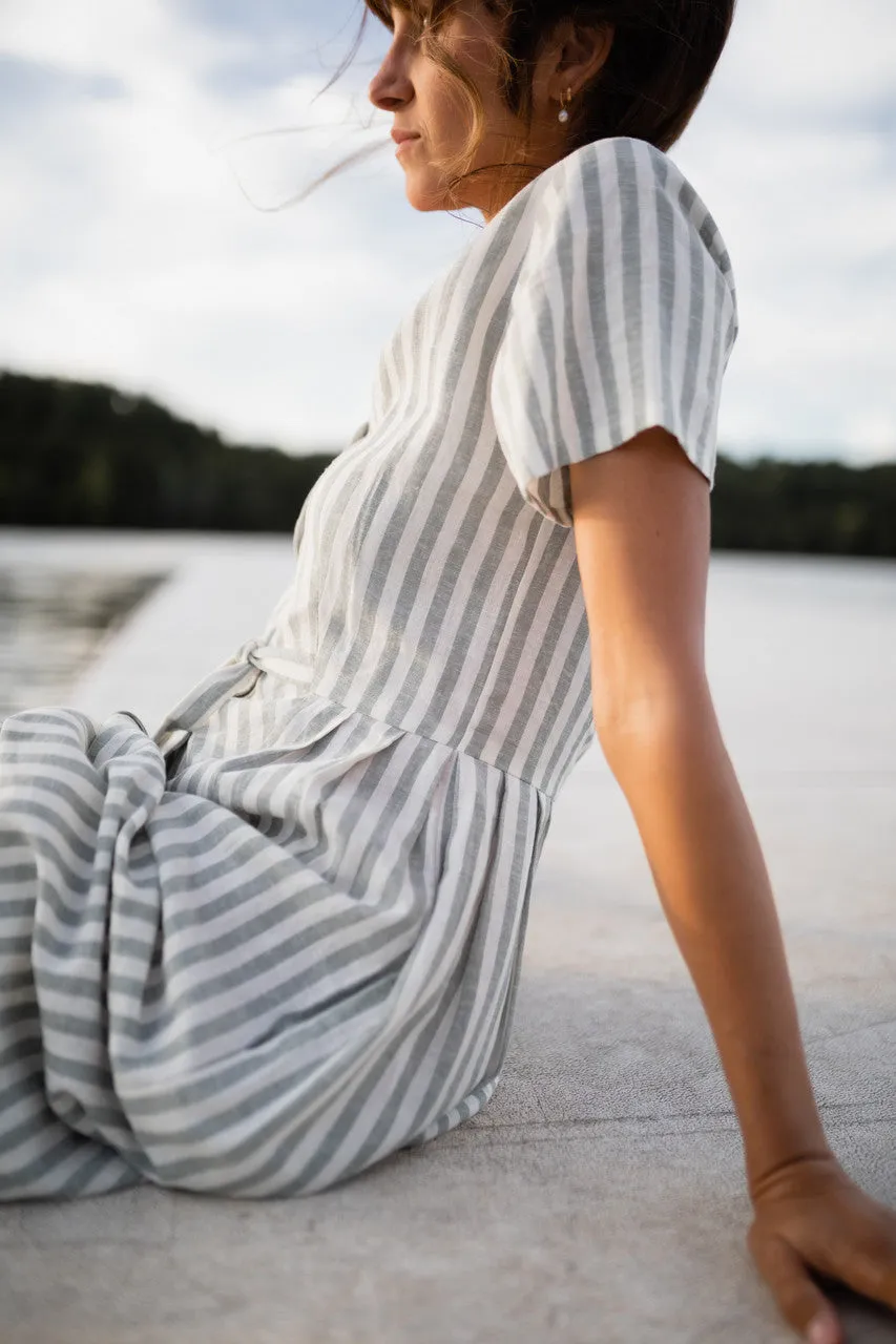 June Dress in Green and White Stripe Linen - S