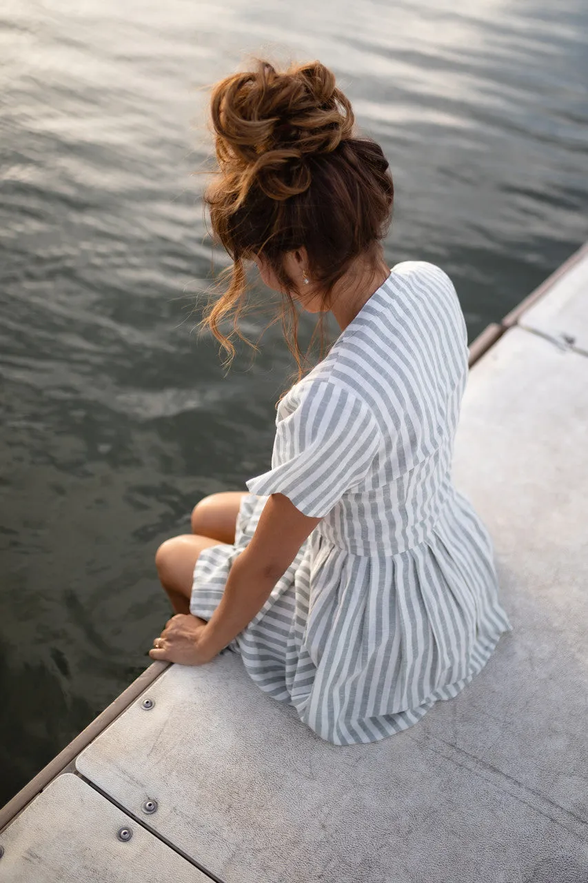 June Dress in Green and White Stripe Linen - S