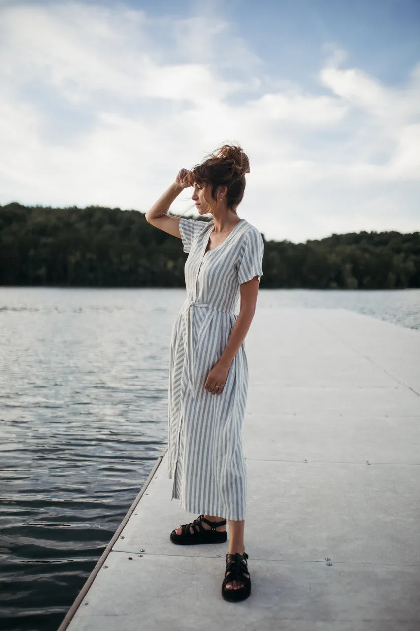 June Dress in Green and White Stripe Linen - S