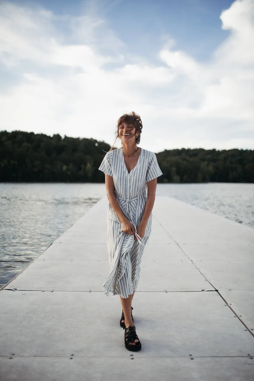 June Dress in Green and White Stripe Linen - S