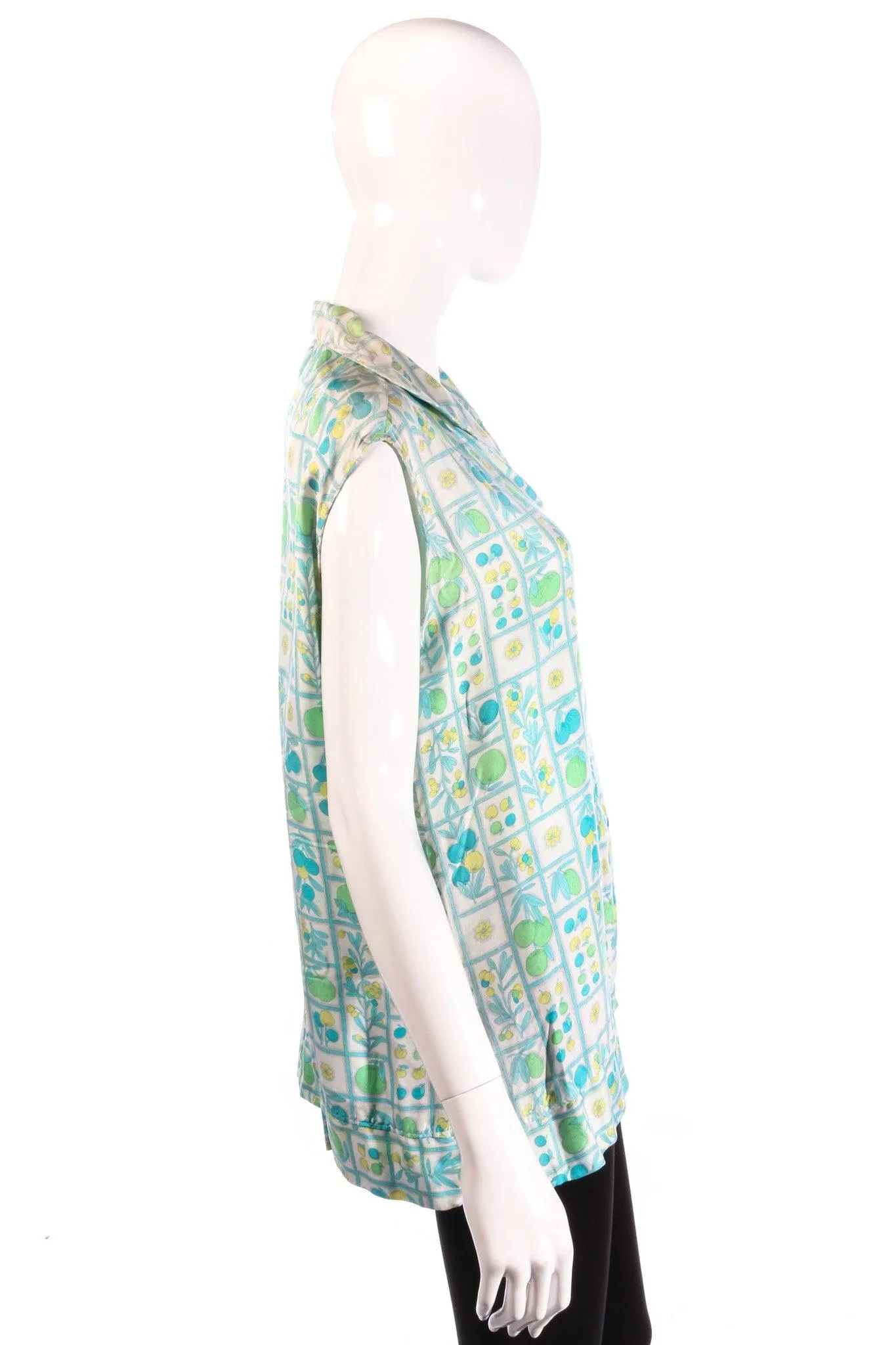 Paola Davilli for Harrods Silk Sleeveless Blouse 1960's Green Floral Size M