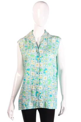 Paola Davilli for Harrods Silk Sleeveless Blouse 1960's Green Floral Size M