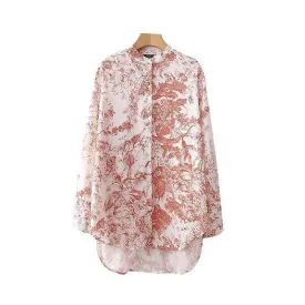 Plus Size - Vintage floral loose long shirts oversized design long sleeve blouse ladies  casual chic tops (US 18W-22W)