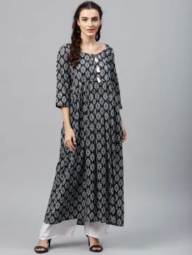 Round Neck Black & White Printed Maxi Dress With 3/4 Sleeves And Emblished With Tassels