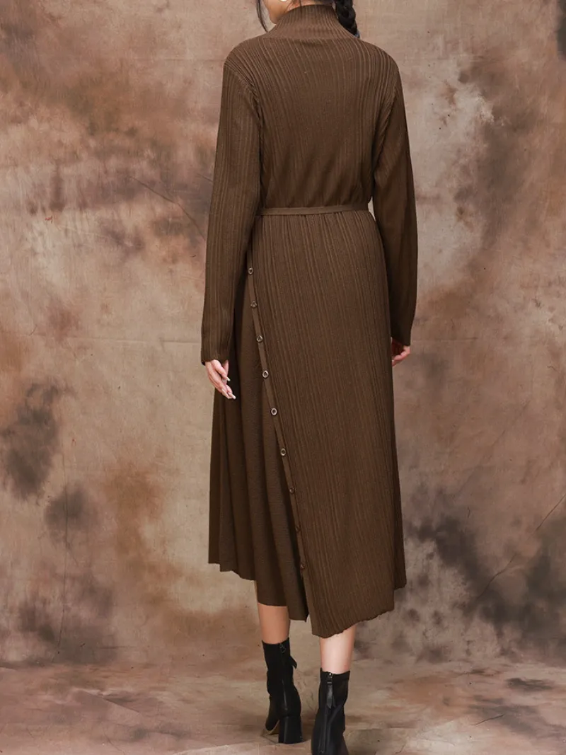 Solid Color Collar A-Line Dress with Thin Belt for Women