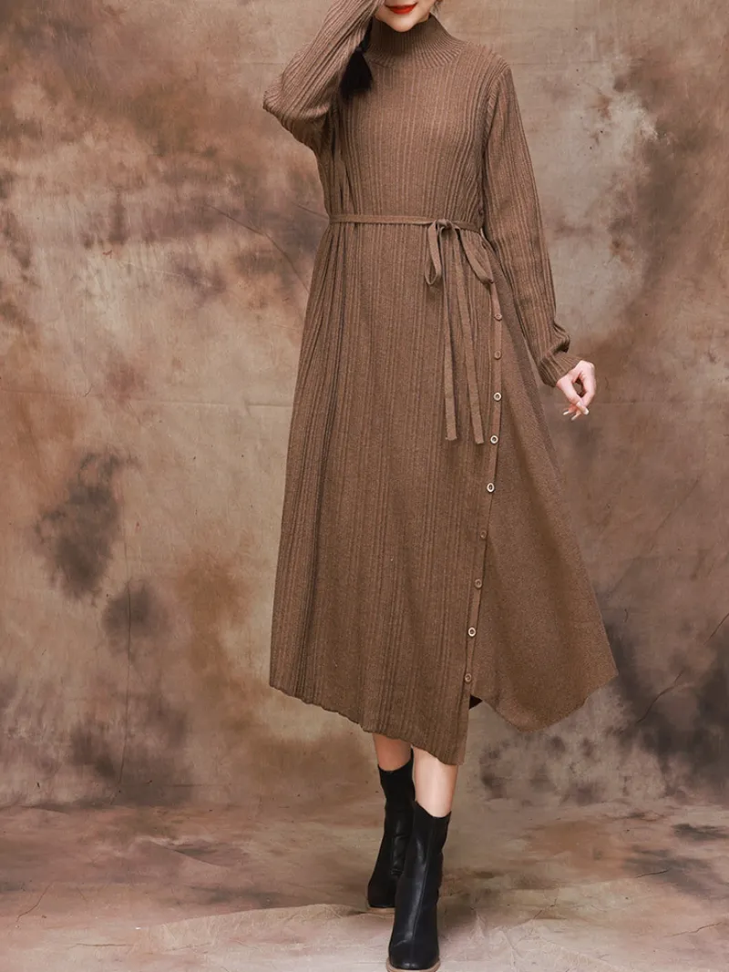 Solid Color Collar A-Line Dress with Thin Belt for Women